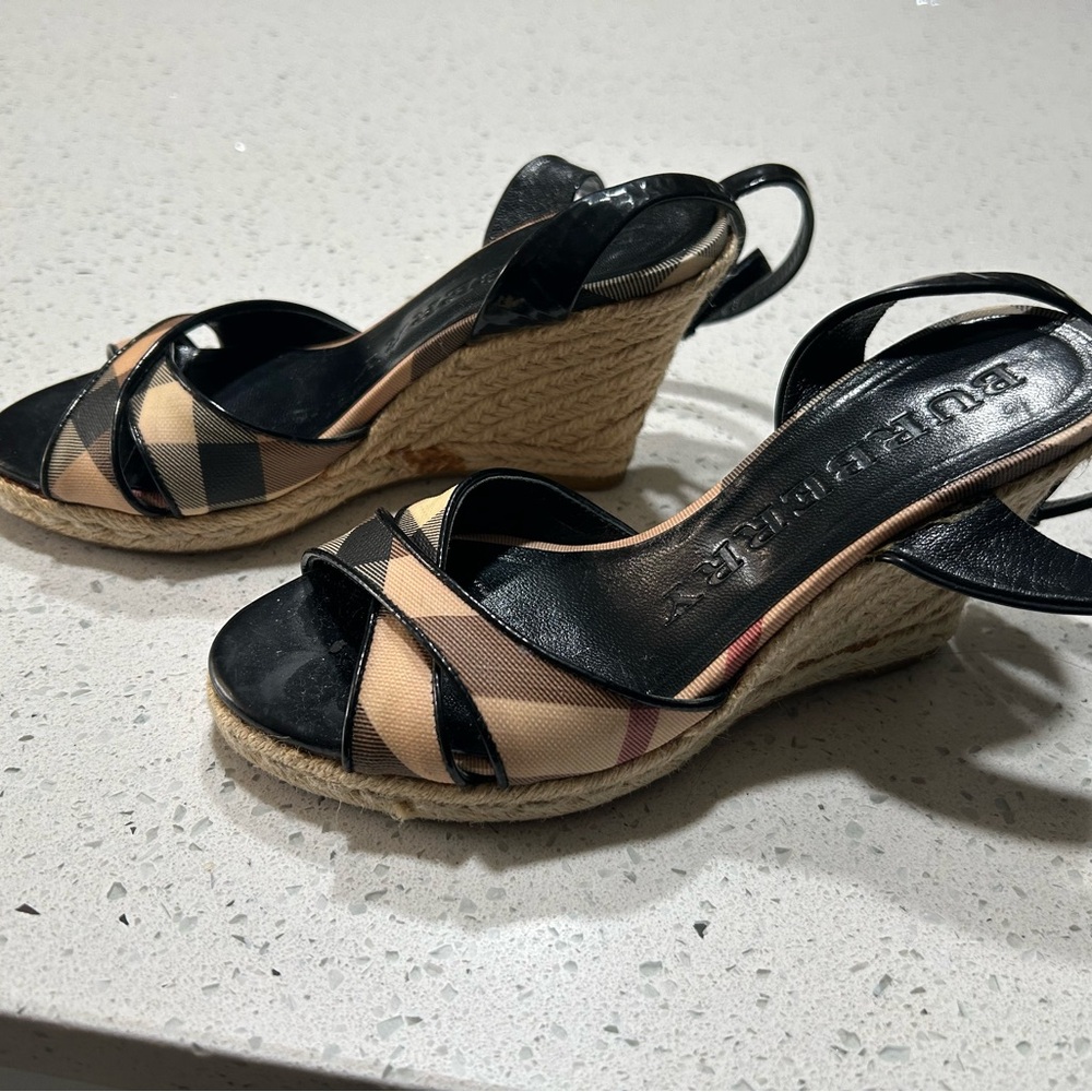 Burberry Black and Beige Wedge Sandals